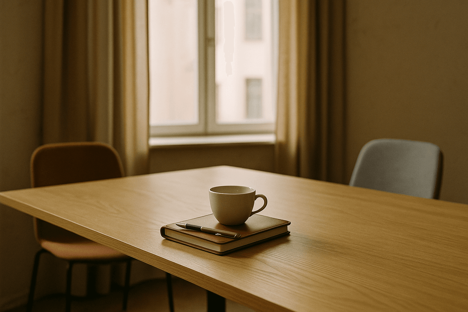 Mesa de madera con un cuaderno cerrado, una pluma estilográfica y una taza de café, iluminada por luz natural — escena editorial que evoca una conversación pendiente